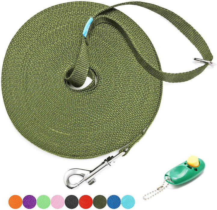 BAAPET 15 Ft 20 Ft 30 Ft 50 Ft 100 Ft Long Dog Training Leash for Dog Training, Play, Camping, or Backyard Lead with Training Clickers for Small, Medium and Large Dogs or Cats (30 Feet, Purple)