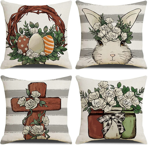 Easter Pillow Covers 18X18 Set of 4 Happy Easter Decorations for Spring Farmhouse Bunny Egg Pillows Easter Decorative Throw Pillows for Home Decor…