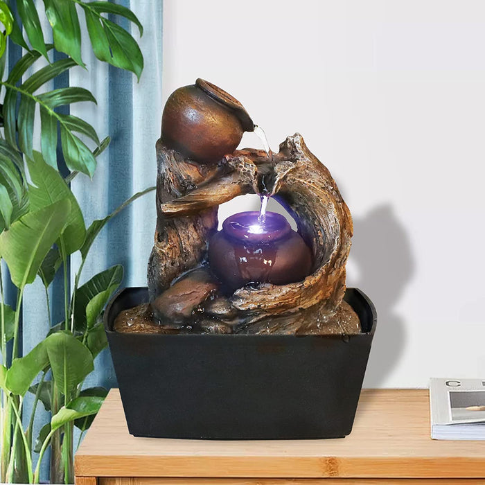 Tabletop Water Fountain Indoor - Tree Trunk with Jar Rustic Fountains Small Feng Shui Zen Waterfall Fountain W/ LED Light & Soothing Sounds for Office Home Desktop Decor (Brown)