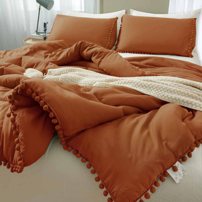 Burnt Orange Comforter Set Queen Size Pom Pom, 3 Piece Boho Bed Set, All Season Farmhouse Microfiber down Alternative Bedding Comforter (90X90) with 2 Pillow Shams