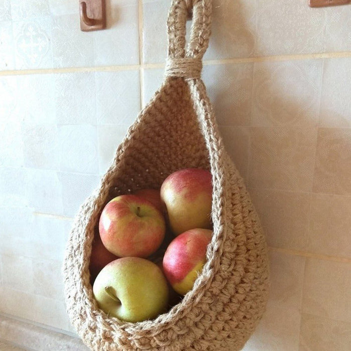 Handmade Woven Hanging Vegetable Fruit Basket Teardrop Shaped Hanging Wall Basket Home Kitchen Storage Holder