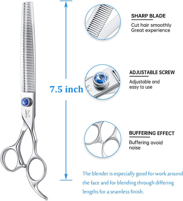7.5" 56-Tooth Blending Dogs Grooming Scissors Cats Thinning Shears Pets Blender Thinner Trimming Texturizing Kit with Offset Handle Blue Jewelled Screw (7.5 Inch)