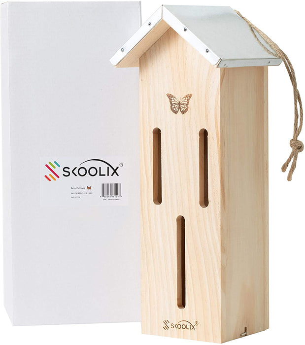 Wooden Butterfly House for Gardens. Provides a Safe Haven for Butterflies to Rest, Protect from Predators and Harsh Weather Conditions. Attractive Garden Décor, Includes Bonus Rope Hanger.