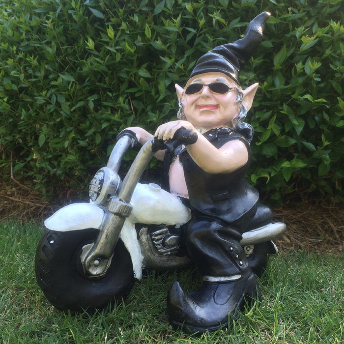 Homestyles Peace Sign "Biker Dude & Babe" the Biker Gnome Riding Her White Hog in Leather Motorcycle Gear Large Outdoor Garden Statue 14.5"H and 12"H