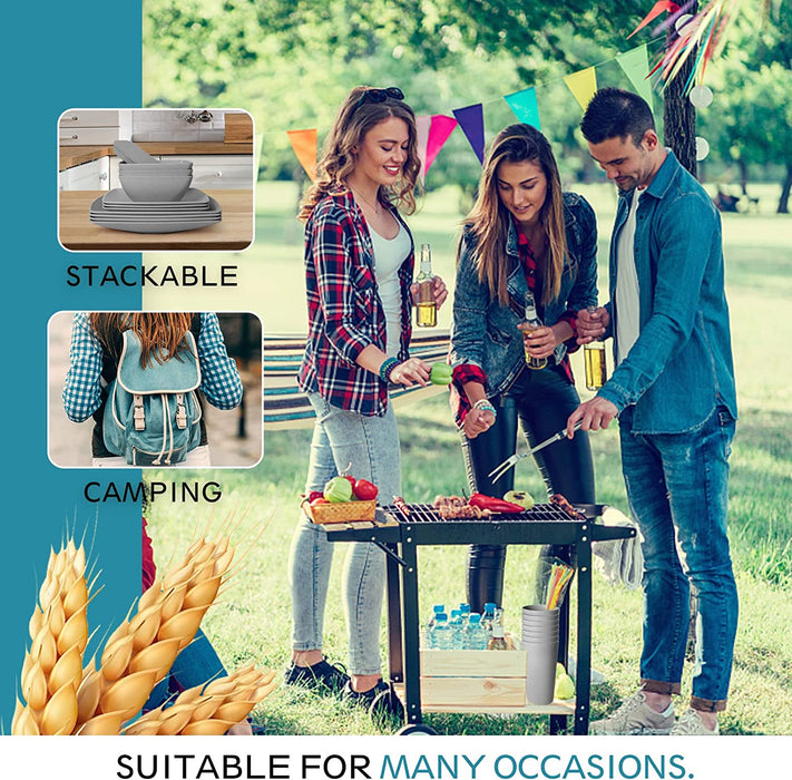 24-Piece Wheat Straw Square Dinnerware Set for 6, Unbreakable Dinner Plates, Salad Plates, Snack Bowls, Tumblers 20 Oz, Dishwasher Safe (Service for 6 (24 Pieces), Grey)