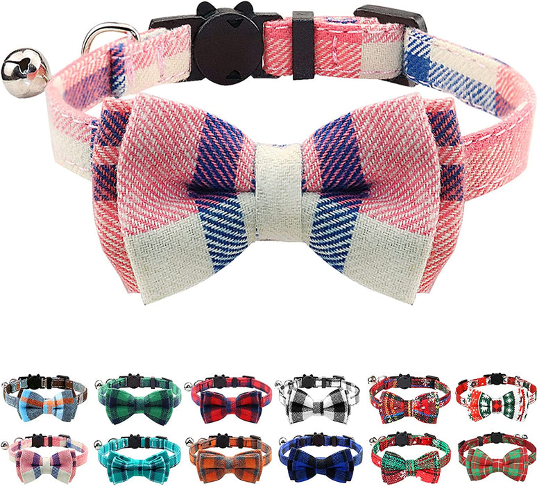 Breakaway Cat Collar with Cute Bow Tie and Bell, Plaid Patterns, 1 Pack Girl Boy Kitty Safety Collars, Blue