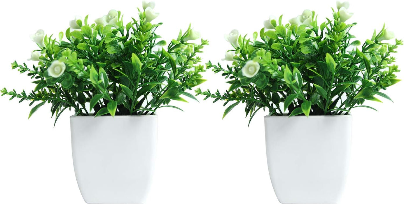Set of 2 Mini Potted Artificial Plants Plastic Fake Green Plant for Home Decor Office Desk Shower Room Decoration Faux Plants Indoor (White, Set of 2)