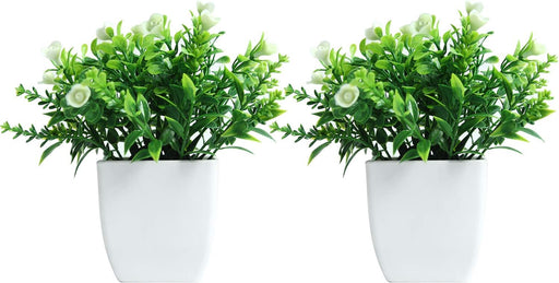 Set of 2 Mini Potted Artificial Plants Plastic Fake Green Plant for Home Decor Office Desk Shower Room Decoration Faux Plants Indoor (White, Set of 2)