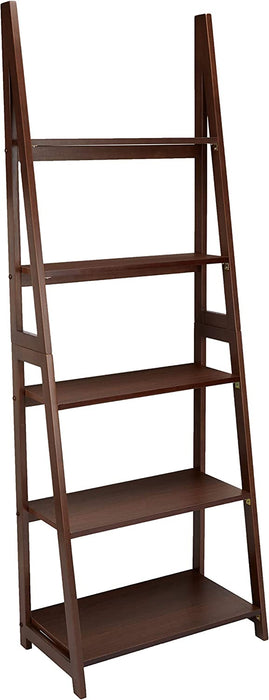Modern 5-Tier Ladder Bookshelf Organizer, Solid Rubberwood Frame - Espresso Finish