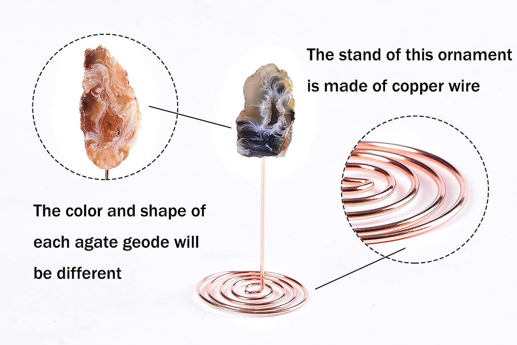 3PCS Agate Geode Irregular Natural Crystal with Copper Stand Gem Ornaments for Healing Crystal Home Decor 3-5"