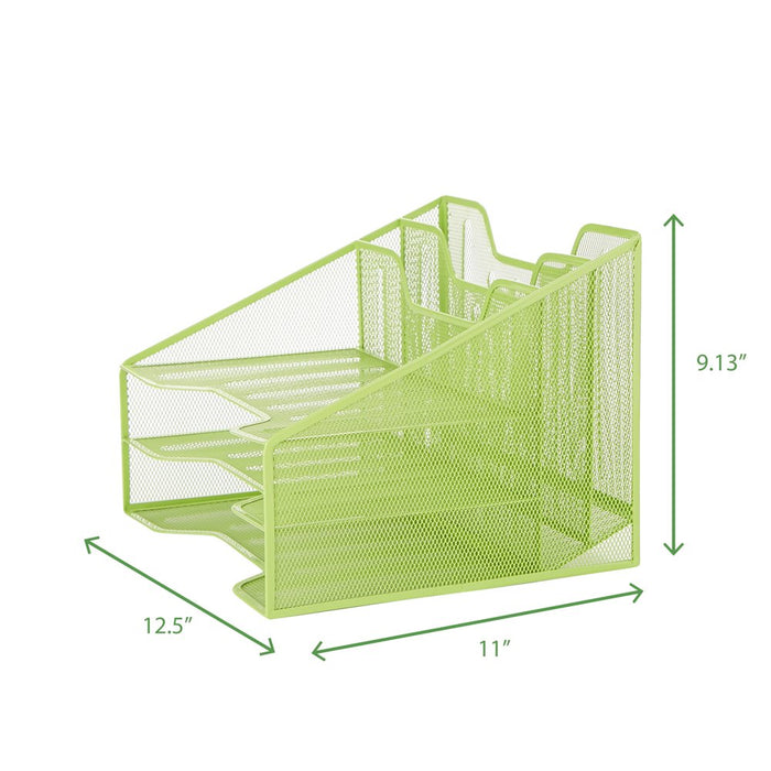Mind Reader 3-Tier Mesh Desk File Organizer Tray with 5 Compartments, Green