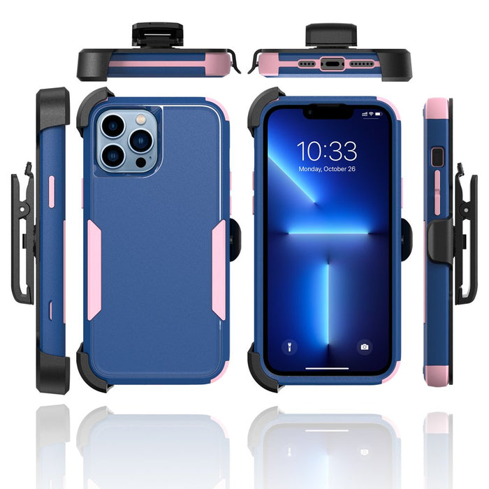 for Iphone 13 Pro Max/13 Pro/13/13 Mini Phone Case with Belt Clip Stand Shockproof Protective Case Hybrid Armor Cover, Navy Blue