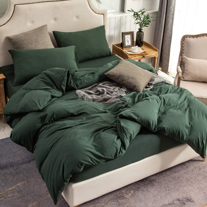 Jersey Knit Duvet Cover Set 100% T-Shirt Cotton Super Soft Comfy 3Pc Bedding Set with Zipper Closure (Solid Forest Green, King)