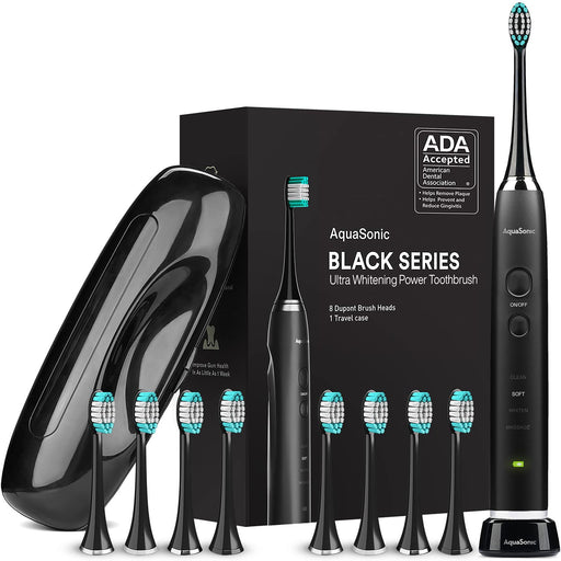 Aquasonic Black Series Ultra Whitening Toothbrush – ADA Accepted Power Toothbrush - 8 Brush Heads & Travel Case – 40,000 VPM Electric Motor & Wireless Charging - 4 Modes W Smart Timer
