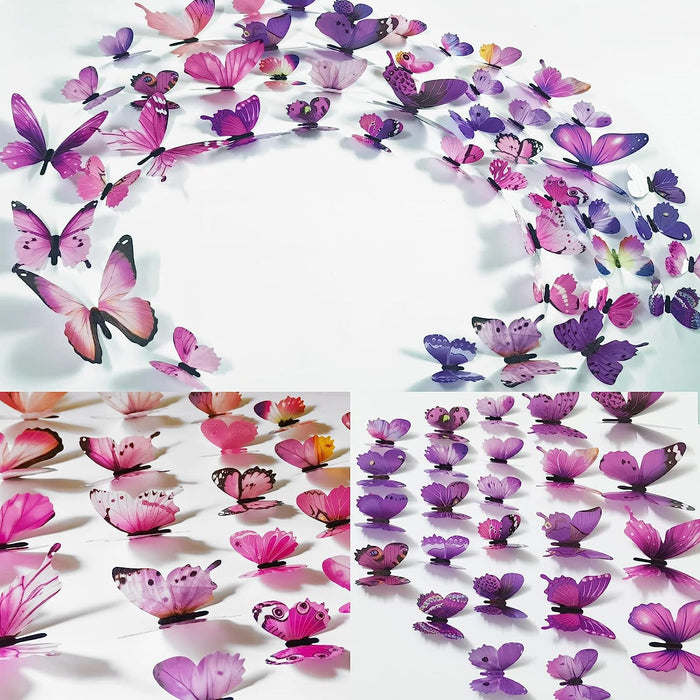 Butterfly Wall Decals 48PCS 3D Butterflies Decor Removable Mural Sticker Wall Art Home Decoration Kid Girl Bedroom Bathroom Baby Room Nursery Classroom Office Party (Pink Purple)