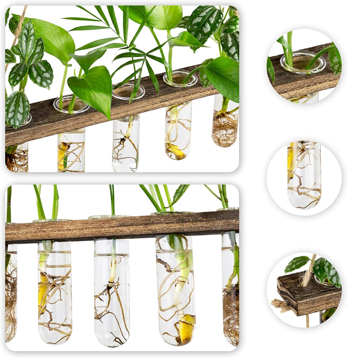 3 Tier Large Propagation Stations Wall Hanging Plant Terrarium with Wooden Stand, Retro Propagation Test Tube for Hydroponic Plants Cutting Flower, Propagator Home Office Patio Decor-Brown