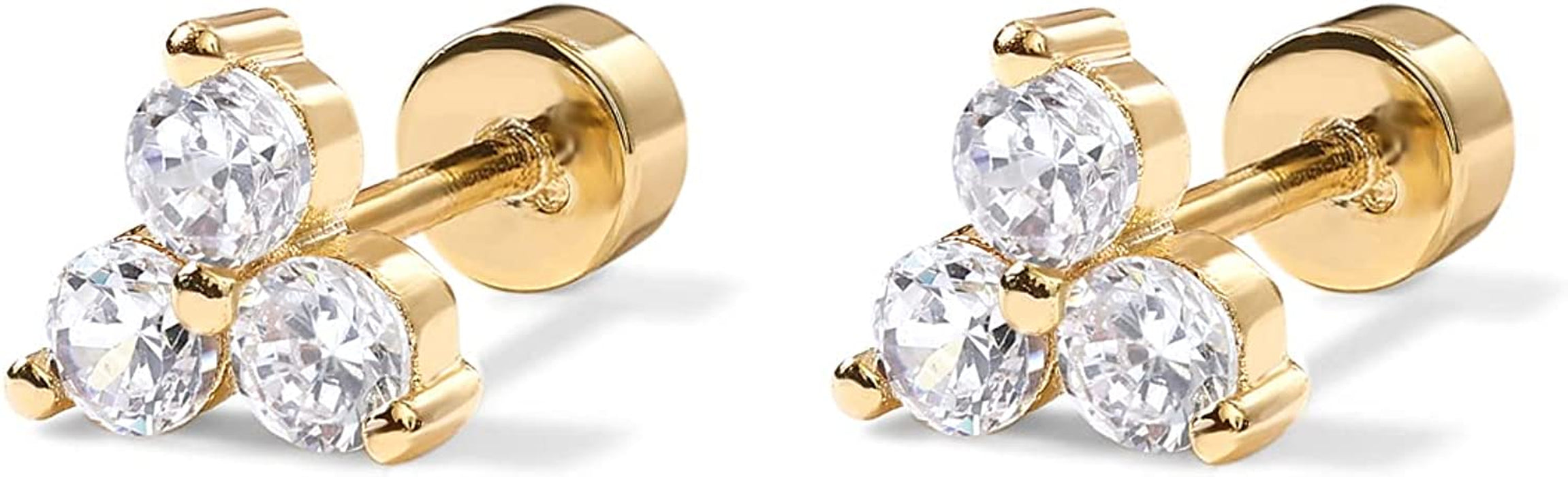 14K Gold Plated Solid 925 Sterling Silver Post Cubic Zirconia Flat Back Earrings for Women | Cartilage Earring | Helix Piercing Jewelry | Small Stud Earrings | Trinity, Pearl, Marquise, Opal