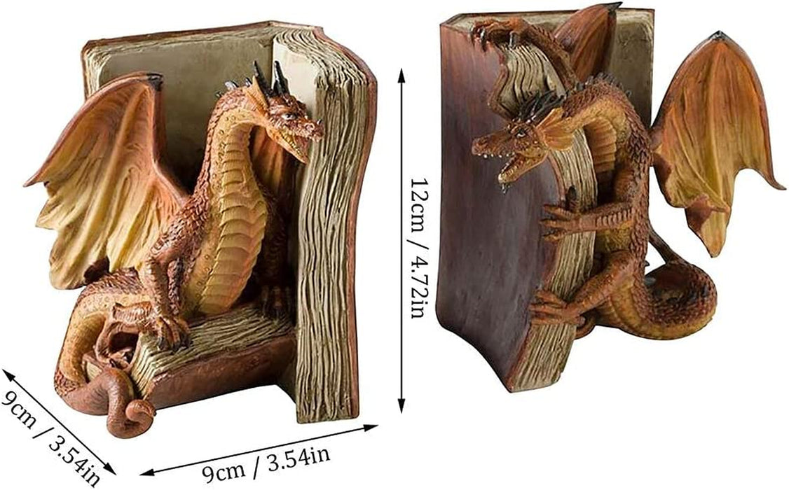 2PCS Funny Dragon Bookends Resin Dragon Statue Book Shelf Organizer Book Ends Figurines for Home Office Shelves Decor