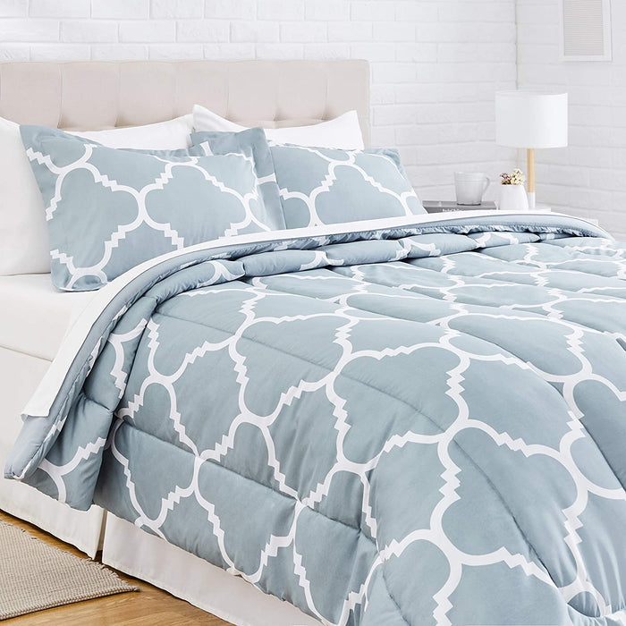 7-Piece Lightweight Microfiber Bed-In-A-Bag Comforter Bedding Set - Full/Queen, Dusty Blue Trellis