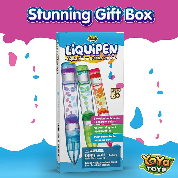 Liquipen - Liquid Motion Bubbler Pens Sensory Toy (3 Pack) - Writes like a Regular Pen - Colorful Liquid Timer Pens Great for Stress and Anxiety Relief - Cool Fidget Toys for Kids and Adults