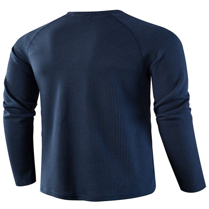 Mens Fashion Waffle T Shirts Henley Neck Solid Color Pullover Work Long Sleeve T-Shirt Blue 2XL