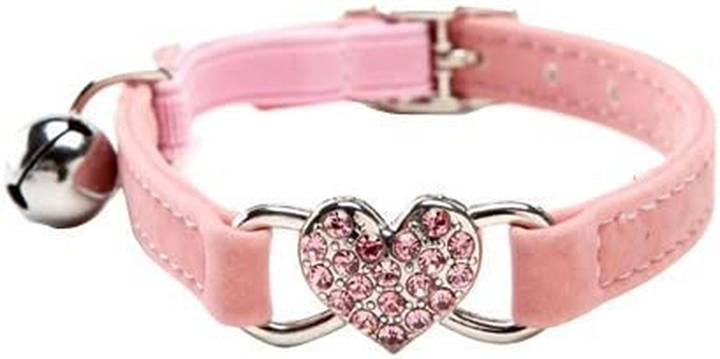 Pink Soft Velvet Safe Cat Adjustable Collar with Crystal Heart Charm and Bells 8-11 Inches(Black+Red+Pink+Blue)