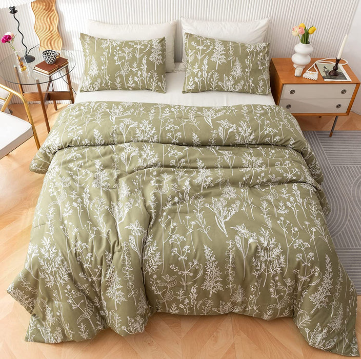 Queen Comforter Sets Olive Green Comforter,3 PCS Bedding Sets Floral Comforter Set Plant Flowers Printed on Green Comforter Set