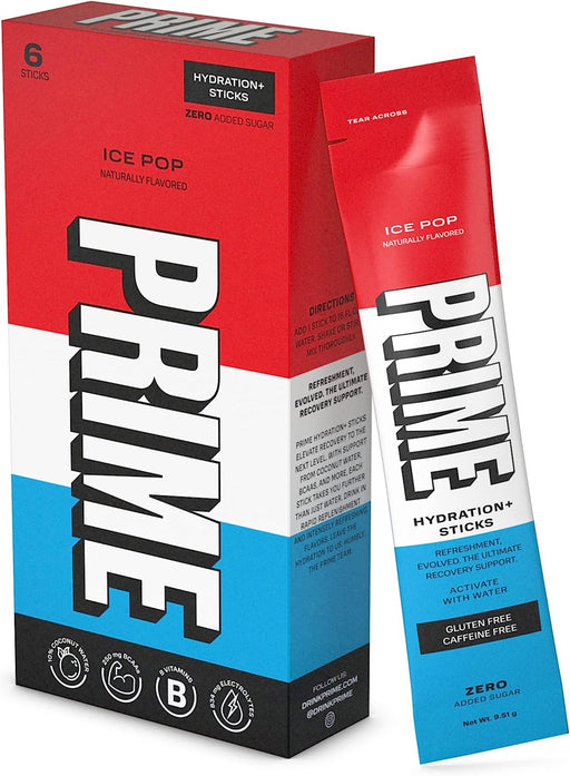 Prime Hydration+ Stick Pack | Electrolyte Drink Mix | 10% Coconut Water | 250Mg Bcaas | Antioxidants | Naturally Flavored | Zero Added Sugar | Easy Open Single-Serving Stick | Ice Pop, 6 Sticks