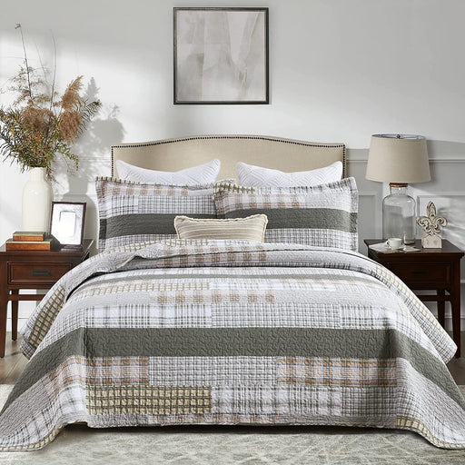 Quilt Queen Size 100% Cotton Queen Size Quilts Greyish Green White Bedspreads Plaid Quilts Lightweight Soft Breathable Bedding Sets for All Season, 3 Piece