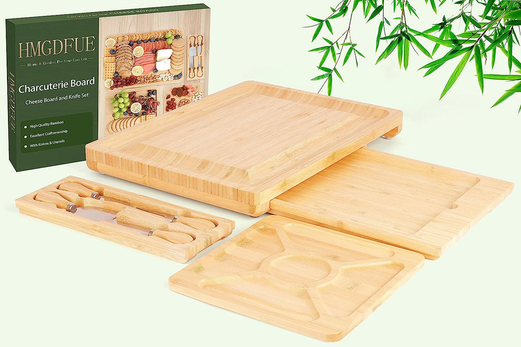 Bamboo Charcuterie Boards Cheese Board Knife Set, 15.7"X 13" Charcuterie Board and Hidden Serving Trays X2 for Charcuterie Cheese Fruit,House Warming New Home for Couple Women Mom