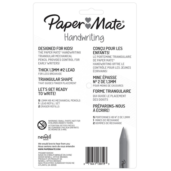 Handwriting Triangular Mechanical Pencils, HB #2 Lead (1.3Mm), Fun Barrel Colors, 5 Pencils, 1 Lead Refill Set, 2 Erasers