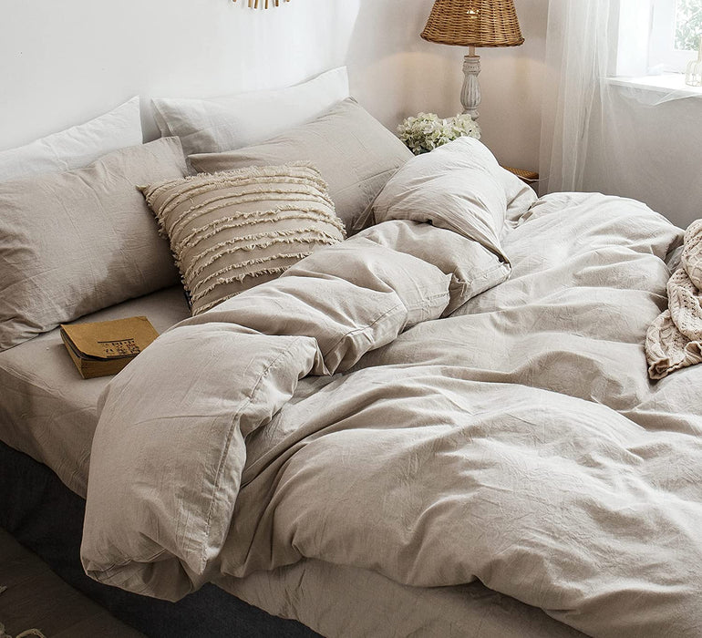 Bedding Duvet Cover Set 100% Washed Cotton Linen like Textured Breathable Durable Soft Comfy (Tannish Linen Grey, Queen)