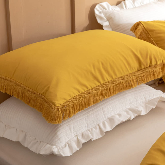 3Pcs Fringe Mustard Yellow Tassel Comforter Set Queen Boho Bohemian Cute Soft Tufted Microfiber Bedding Sets Modern Style for Men and Women (1Comforter + 2 Pillowcases)