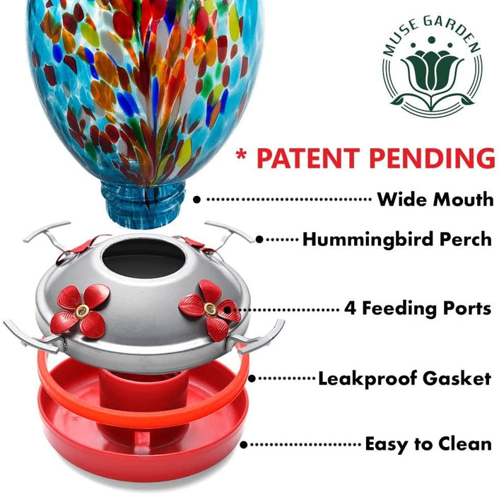 Hummingbird Feeder for Outdoors Hanging, Blown Glass Hummingbird Feeders, Unique Hummingbird Gifts for Women, Containing Ant Moat, 27 Ounces, Blue Fireworks