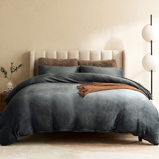 Flannel Duvet Cover Set Oeko-Tex Certified, 3 Pieces Velvet Duvet Cover Queen, Ultra Soft Comforter Cover with Zipper and Corner Ties, Dark Grey