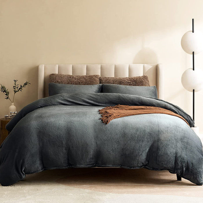 Flannel Duvet Cover Set Oeko-Tex Certified, 3 Pieces Velvet Duvet Cover Queen, Ultra Soft Comforter Cover with Zipper and Corner Ties, Dark Grey