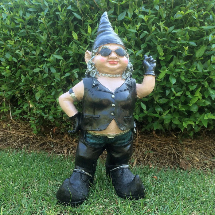 Homestyles Peace Sign "Biker Babe & Dude" the Biker Gnome Riding His Black Bike in Leather Motorcycle Gear Large Outdoor Garden Statue 14.5"H and 12"H