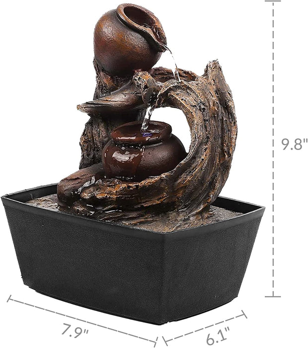Tabletop Water Fountain Indoor - Tree Trunk with Jar Rustic Fountains Small Feng Shui Zen Waterfall Fountain W/ LED Light & Soothing Sounds for Office Home Desktop Decor (Brown)