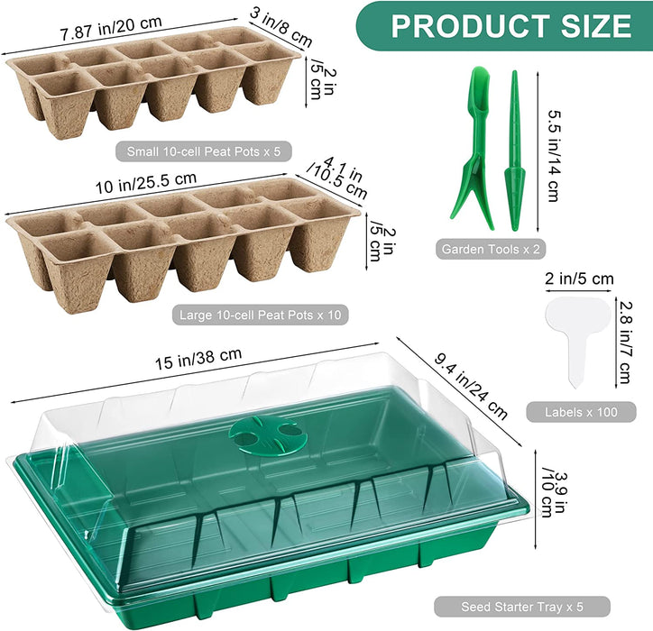 5 Pack Seed Starter Tray Kit, 15 Peat Pots for Seedlings Plastic Growing Germination Trays with Plants Labels, Planting Tools, Germination Plant Starting Pots for Plant Seeds, Green
