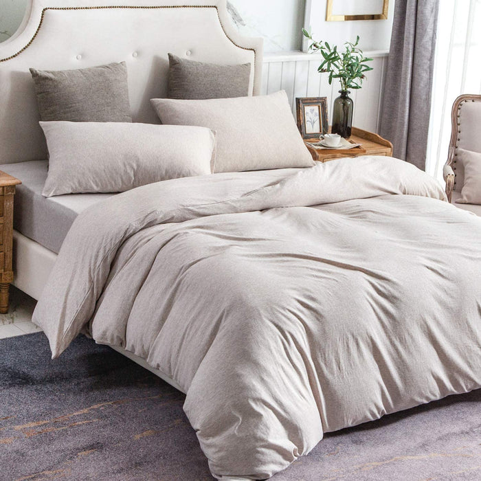 Jersey Knit Duvet Cover Set 100% T-Shirt Cotton Super Soft Comfy 3Pc Bedding Set with Zipper Closure (Heather Beige, King)