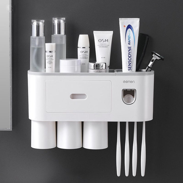 Toothbrush Holder Wall Mounted Automatic Toothpaste Dispenser Squeezer Kit,Toothbrush Holder with Toothpaste Dispenser, 4 Toothbrush Slots,3 Cups