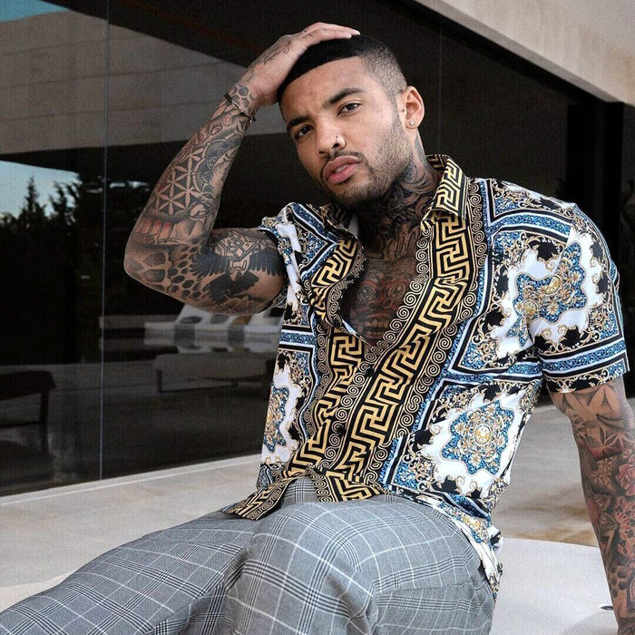 ⭐⭐Button up Shirt Men Baroque Fashion Hawaiian Short Sleeve T Casual Party Dress