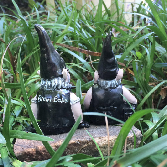 Homestyles "Biker Dude & Babe" the 6"H Biker Gnome Shelf Sitters in Leather Motorcycle Riding Gear Outdoor Garden Figurines
