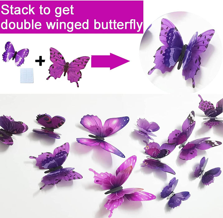 72PCS Butterfly Wall Decals 3D Butterflies Wall Art Craft Decor Removable Mural Sticker Home Kid Girl Bedroom Bathroom Baby Room Nursery Classroom Office Party Decoration (Purple)