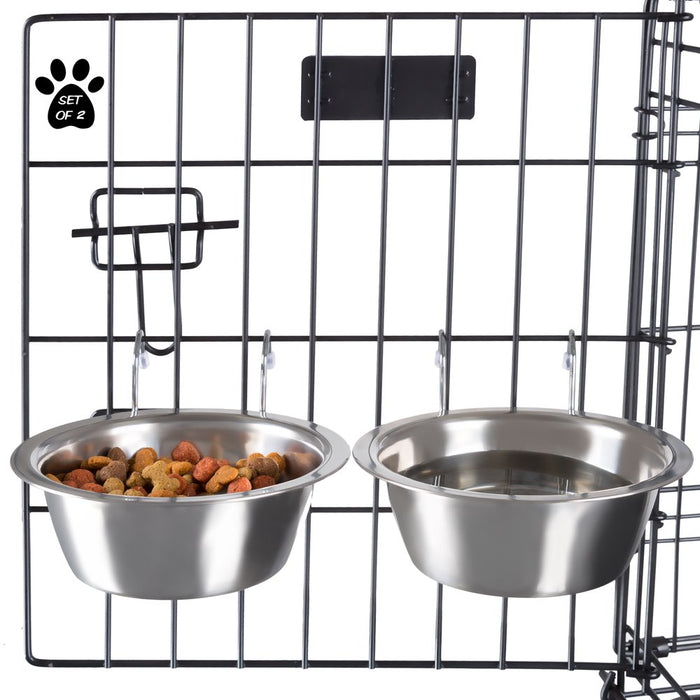 Set of 2 Stainless-Steel Dog Bowls - Cage, Kennel, and Crate Hanging Pet Bowls for Food and Water - 20Oz Each and Dishwasher Safe by PETMAKER