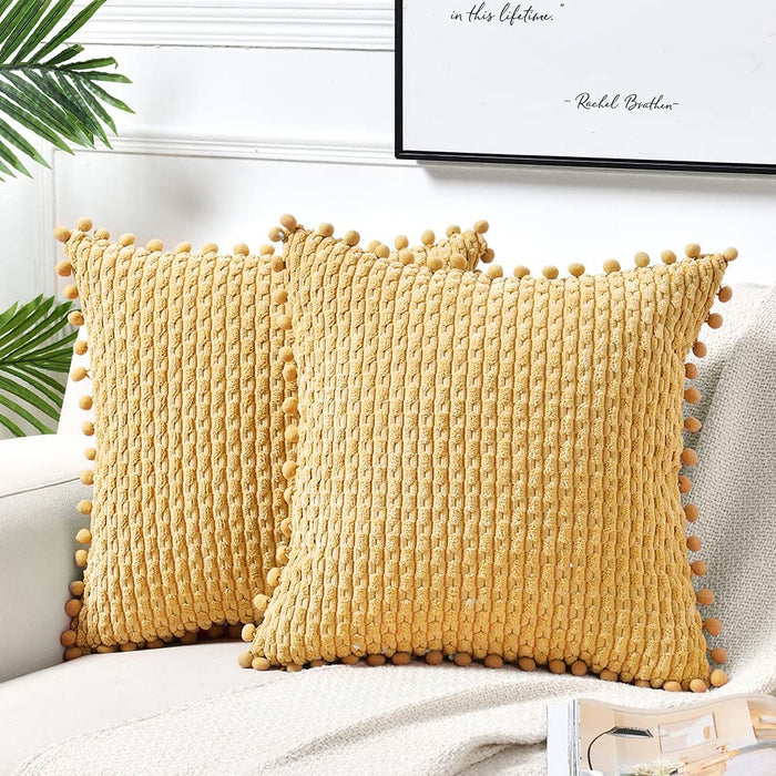 Set of 2 Yellow Decorative Throw Pillow Covers 20X20 Inch with Pom-Poms for Couch Bed Sofa, Modern Farmhouse Boho Spring Home Decor, Soft Plush Corduroy Cute Cushion Case 50X50 Cm