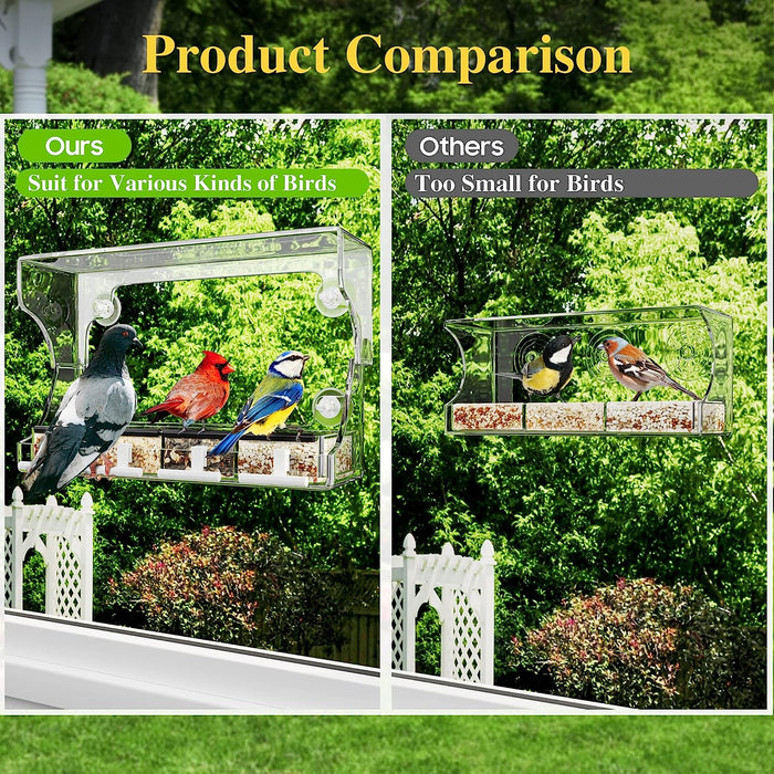 Window Bird Feeder, Window Bird Feeders with Strong Suction Cups for Outside, Height Adjustable to 9.5 Inch, Removable Tray with 4 Compartments, Easy Clean and Fill, Clear Acrylic Bird House