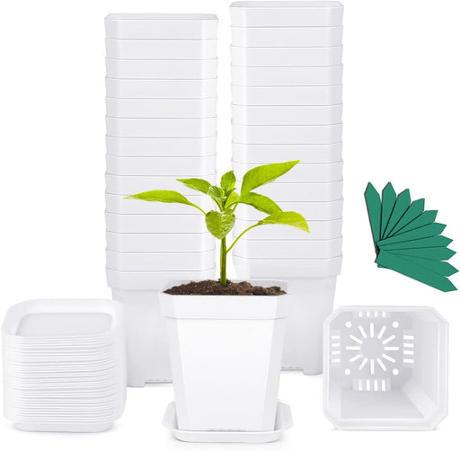 30Pcs 2.7 Inches Nursery Pots with Trays, 50Pcs Plant Labels, Thickened Square Transplanting Pots Kit, Plant Seed Starter, Drain Holes, Germination, Home Décor, Garden, Balcony, White