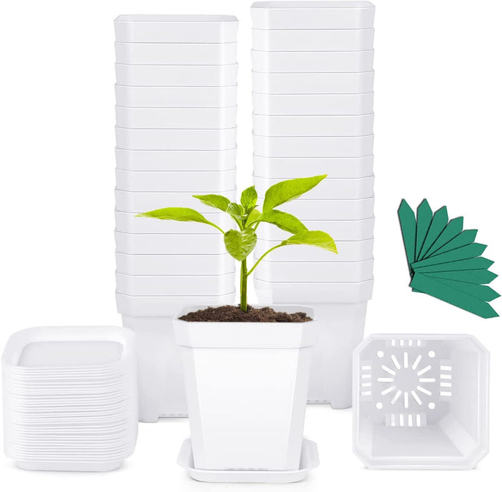 30Pcs 2.7 Inches Nursery Pots with Trays, 50Pcs Plant Labels, Thickened Square Transplanting Pots Kit, Plant Seed Starter, Drain Holes, Germination, Home Décor, Garden, Balcony, White