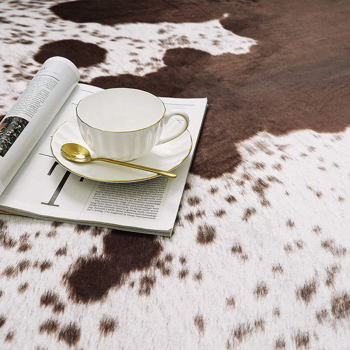 Faux Cowhide Rug 5.2 X 4.6 Feet, Cute Cow Hide Rug for Living Room Bedroom Western Home Decor Faux Fur Cow Print Rugs White and Brown